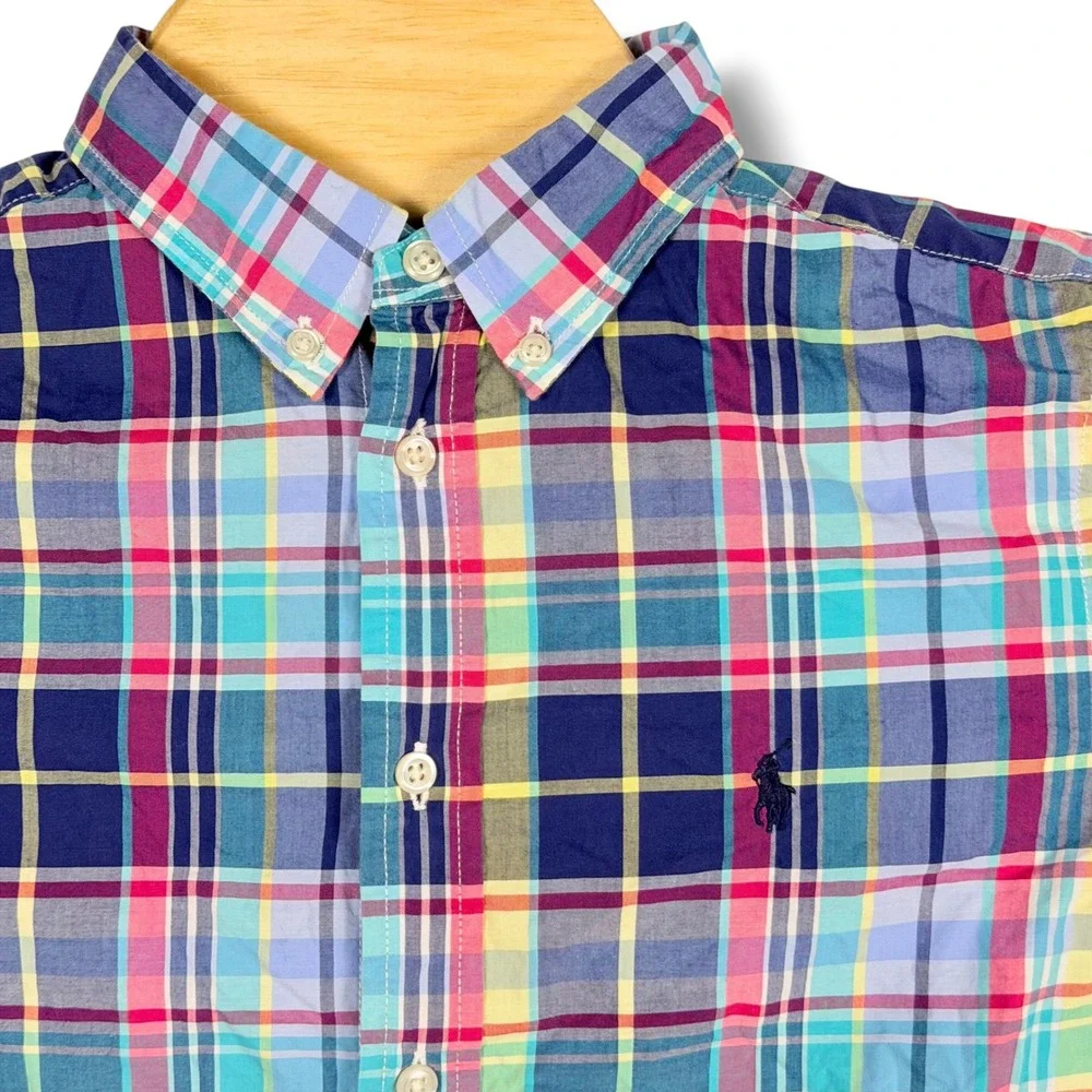 Ralph Lauren Button Down Boys L 14-16 Multi-Color Madras Plaid Stretch Prep Pony